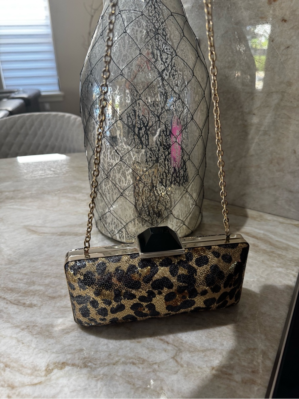 Leopard Sequin Clutch with Gold Chain Strap